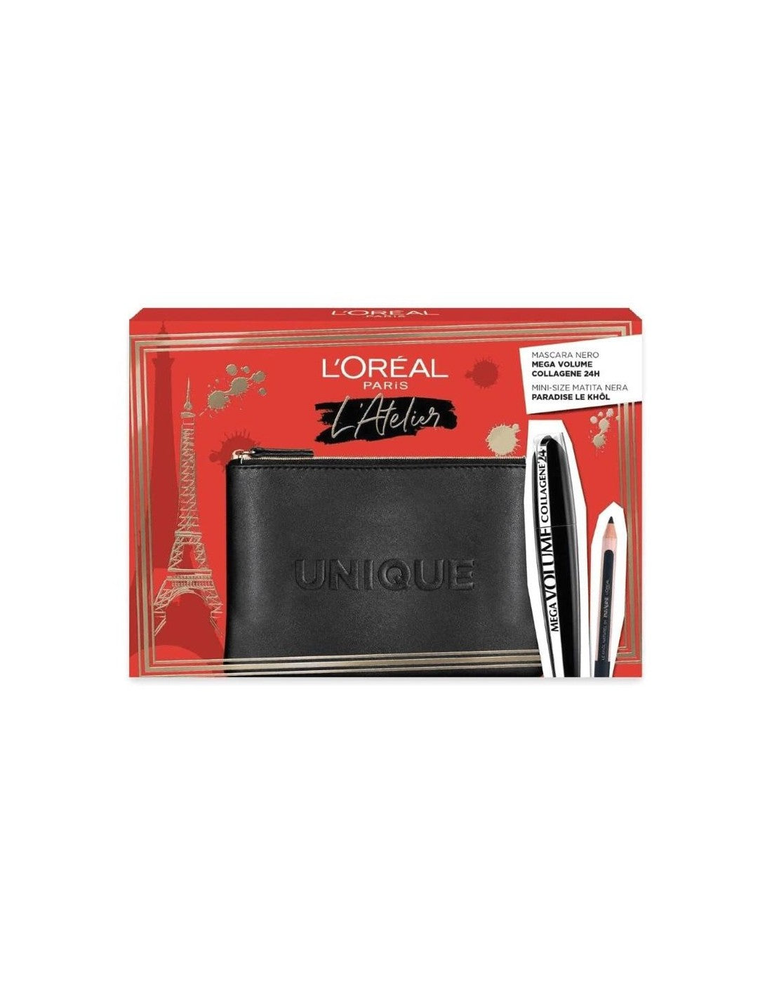 Set L'Oreal Paris: L'Oreal Paris, Kajal Eye Pencil, Black, 1.5 g + Mega Volume Collagene 24h, Waterproof, Mascara, Mega Black, 9 ml + Textile Makeup Bag, Black - Feel You