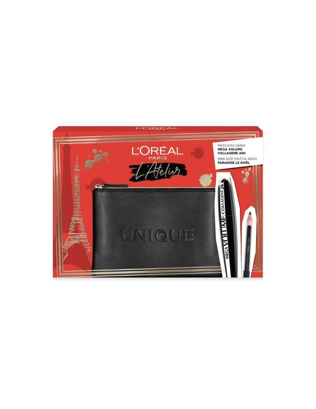 Set L'Oreal Paris: L'Oreal Paris, Kajal Eye Pencil, Black, 1.5 g + Mega Volume Collagene 24h, Waterproof, Mascara, Mega Black, 9 ml + Textile Makeup Bag, Black - Feel You