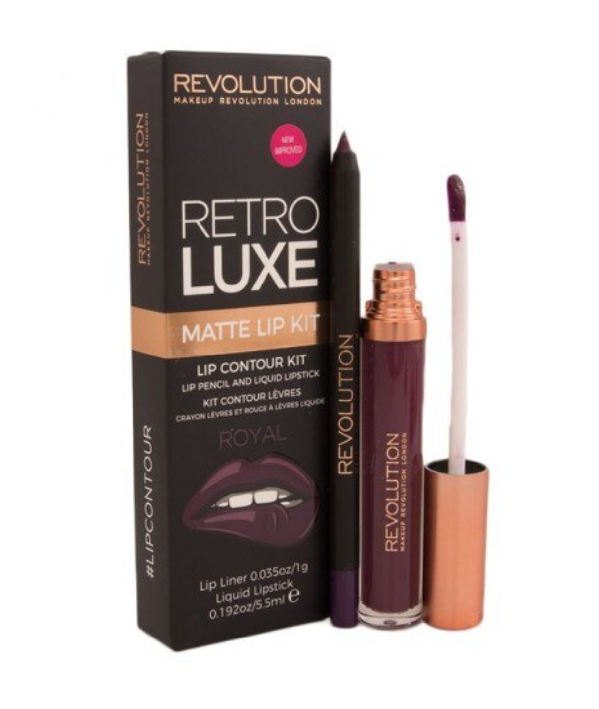 Set Makeup Revolution: Retro Luxe, Matte, Liquid Lipstick, Royal, 5.5 ml + Retro Luxe, Lip Liner, Royal, 1 g - Feel You