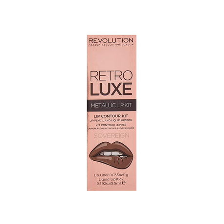 Set Makeup Revolution: Retro Luxe, Metallic, Liquid Lipstick, Sovereign, 5.5 ml + Retro Luxe, Lip Liner, Sovereign, 1 g - Feel You
