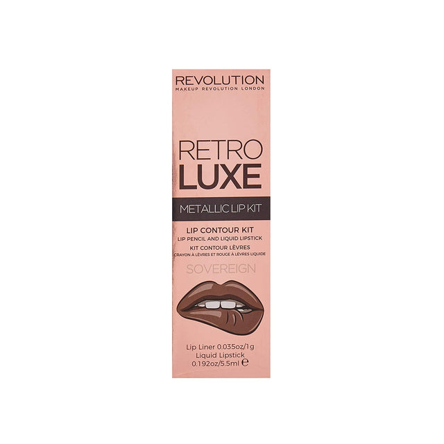 Set Makeup Revolution: Retro Luxe, Metallic, Liquid Lipstick, Sovereign, 5.5 ml + Retro Luxe, Lip Liner, Sovereign, 1 g - Feel You