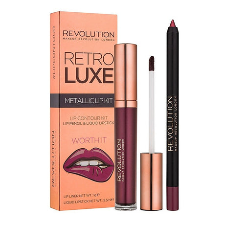 Set Makeup Revolution: Retro Luxe, Metallic, Liquid Lipstick, Worth It, 5.5 ml + Retro Luxe, Lip Liner, Worth It, 1 g - Feel You