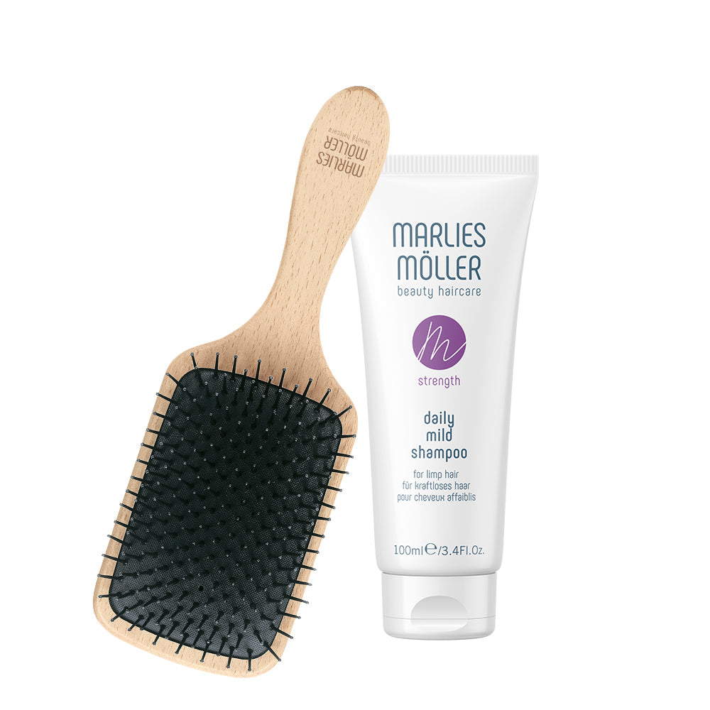 Set Marlies Moller: Marine Moisture, Scalp Brush + Daily Mild, Silicone Free, Hair Shampoo, Deep Cleansing, 100 ml - Feel You