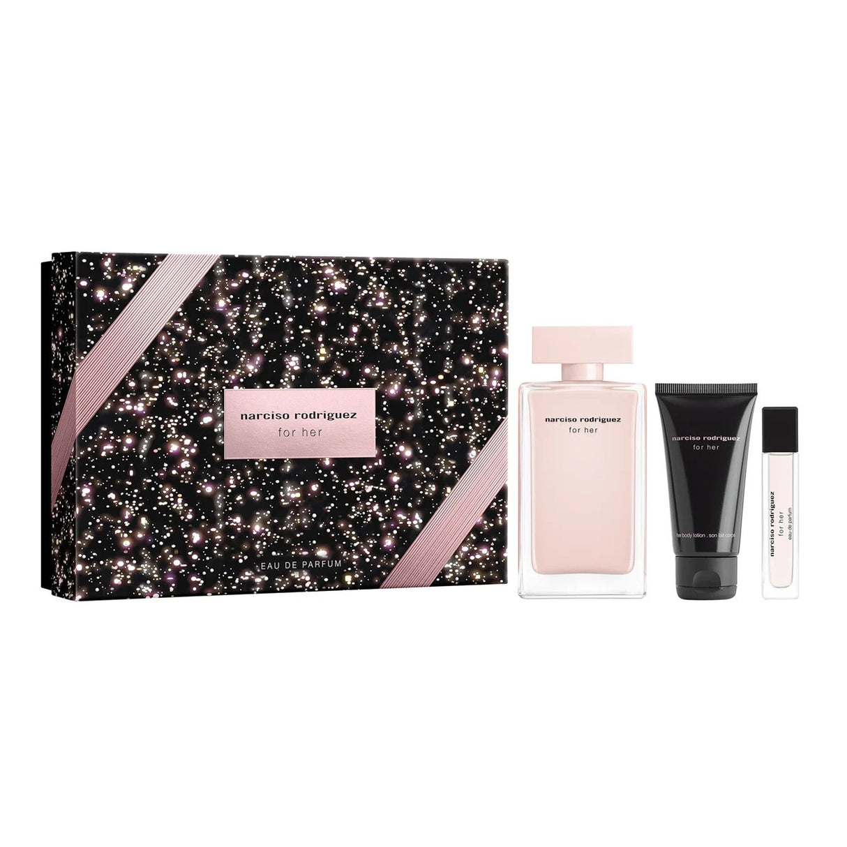 Set Narciso Rodriguez: For Her, Eau De Parfum, For Women, 100 ml + For Her, Hydrating, Body Lotion, 50 ml + For Her, Eau De Parfum, For Women, 10 ml - Feel You