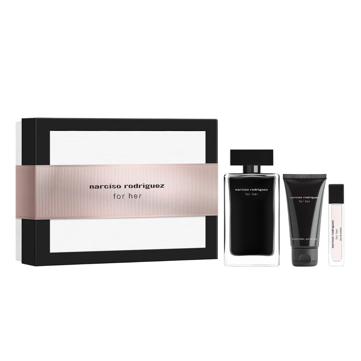 Set Narciso Rodriguez: For Her, Eau De Toilette, For Women, 50 ml + For Her, Eau De Toilette, For Women, 7.5 ml + For Her, Hydrating, Body Lotion, 50 ml - Feel You