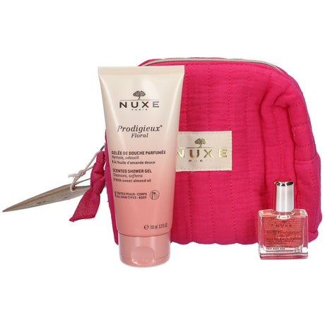 Set Nuxe: Prodigieux Floral, Shower Gel, All Over The Body, For All Skin Types, 100 ml + Prodigieuse Florale, Moisturizing, Body Oil, For Body, Face & Hair, 30 ml + Nuxe, GWP Textile Pouch, Pink - Feel You