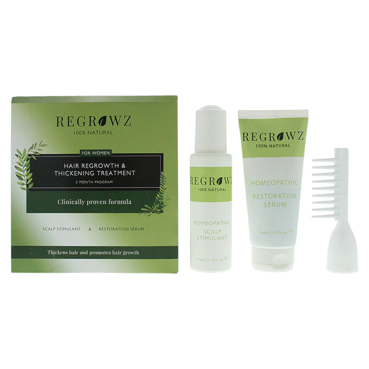 Set Regrowz: Homeopathic, Scalp Serum, Restorative, 75 ml + Homeopathic, Scalp Cream Treatment, Hydrate & Protect, 75 ml + Homeopathic, Mini, Hair Brush, White - Feel You