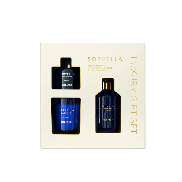 Set Sorvella: Blue Angel, Stick, Aroma Reed Diffuser, 120 ml + Blue Angel, Fruity & Floral, Scented Candle, 170 g + Blue Angel, Sartorial Sage, Room Spray, 200 ml - Feel You