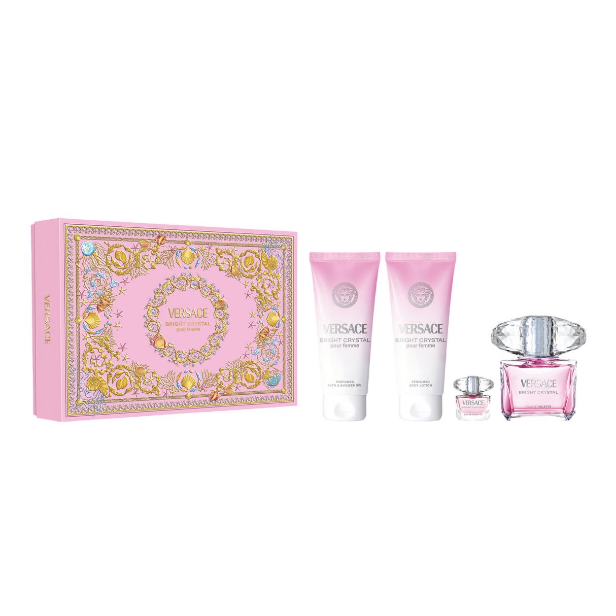 Set Versace: Bright Crystal, Eau De Toilette, For Women, 90 ml + Bright Crystal, Eau De Toilette, For Women, 5 ml *Miniature + Bright Crystal, Hydrating, Body Lotion, 100 ml + Bright Crystal, Shower Gel, 100 ml - Feel You