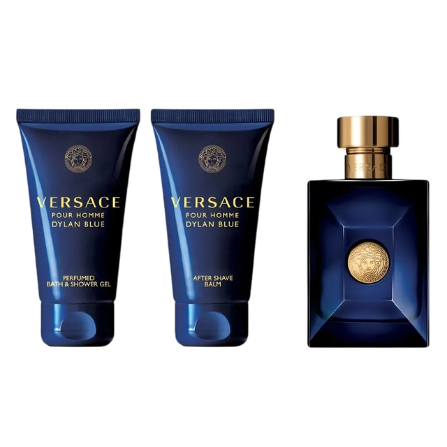 Set Versace: Dylan Blue, Calming, After-Shave Balm, 50 ml + Dylan Blue, Shower Gel, For All Skin Types, 50 ml + Dylan Blue, Eau De Toilette, For Men, 50 ml - Feel You