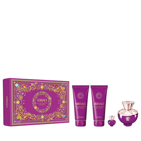 Set Versace: Dylan Purple, Eau De Parfum, For Women, 100 ml + Dylan Purple, Eau De Parfum, For Women, 5 ml *Miniature + Dylan Purple, Shower Gel, For All Skin Types, 50 ml + Dylan Purple, Hydrating, Body Lotion, 100 ml - Feel You