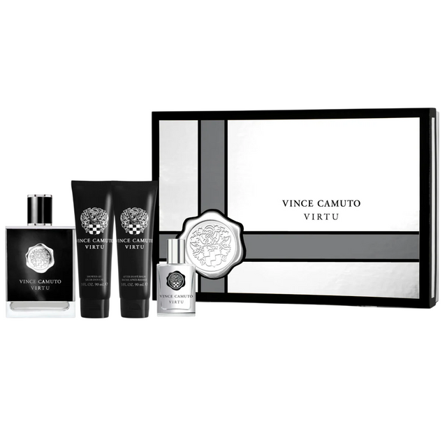 Set Vince Camuto: Virtu, Eau De Toilette, For Men, 100 ml + Virtu, Eau De Toilette, For Men, 15 ml + Virtu, Moisturizing, After-Shave Balm, 90 ml + Virtu, Shower Gel, Body, 90 ml - Feel You