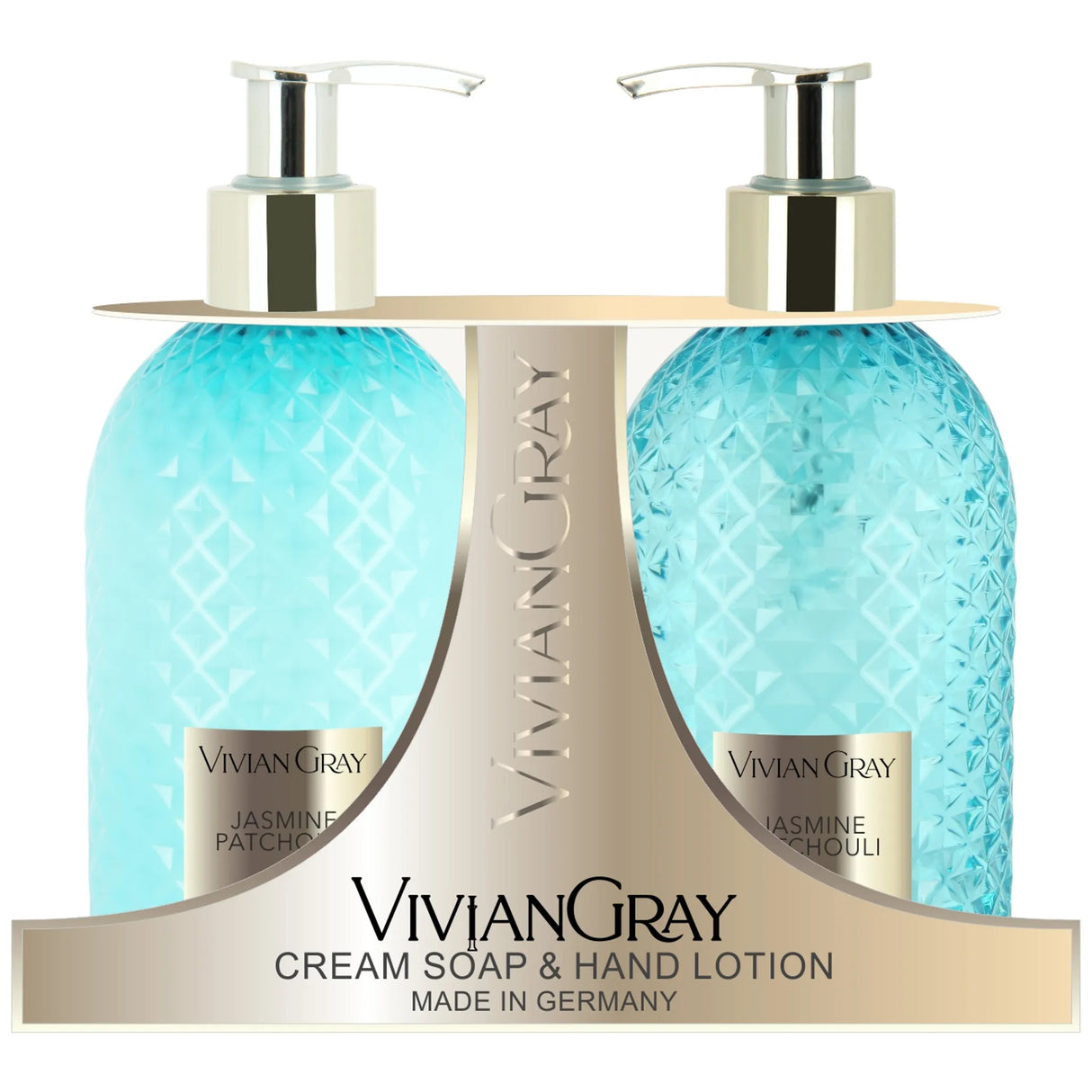 Set Vivian Gray: Gemstone, Jasmine & Patchouli, Cleansing, Liquid Soap, 300 ml + Gemstone, Jasmine & Patchouli, Hydrating, Hand Lotion, 300 ml - Feel You