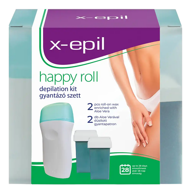 Set X-Epil: Happy Roll, Aloe Vera, Silky Finish, Depilatory Wax, Refill, Body, 2 pcs, 50 ml + Happy Roll, Aloe Vera, Silky Finish, Depilatory Wax, Refillable, Body, 50 ml + X-Epil, Hair Removal Wax Strips, For Legs, 10 pcs - Feel You