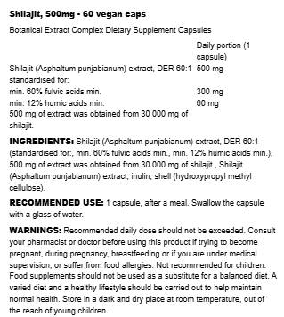 Shilajit 500 mg | 60:1 Extract with 60+% Fulvic Acids - 60 капсули - Feel You