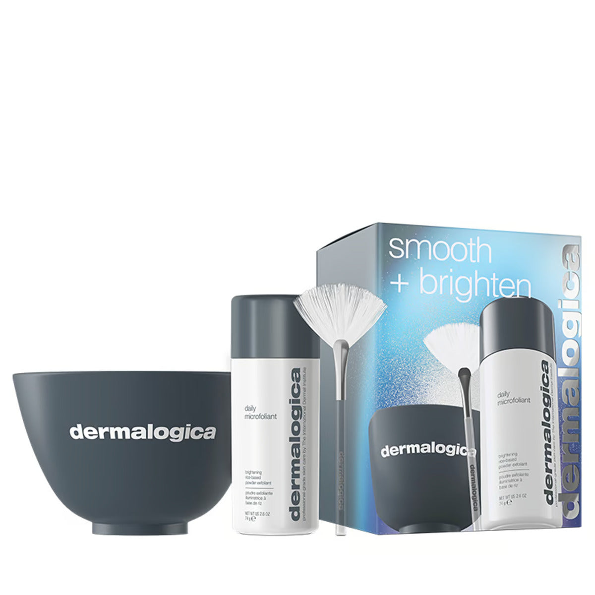 Smooth + Brighten Set Dermalogica: Daily Microfoliant, Exfoliating, Exfoliating Powder, 74 g + Masque Fan, Multi Face Brush + Dermalogica, Plastic Colour Mixing Bowl, Grey - Feel You
