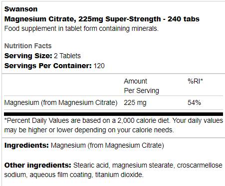 Super-Strength Magnesium Citrate  225 mg 240 Таблетки - Feel You