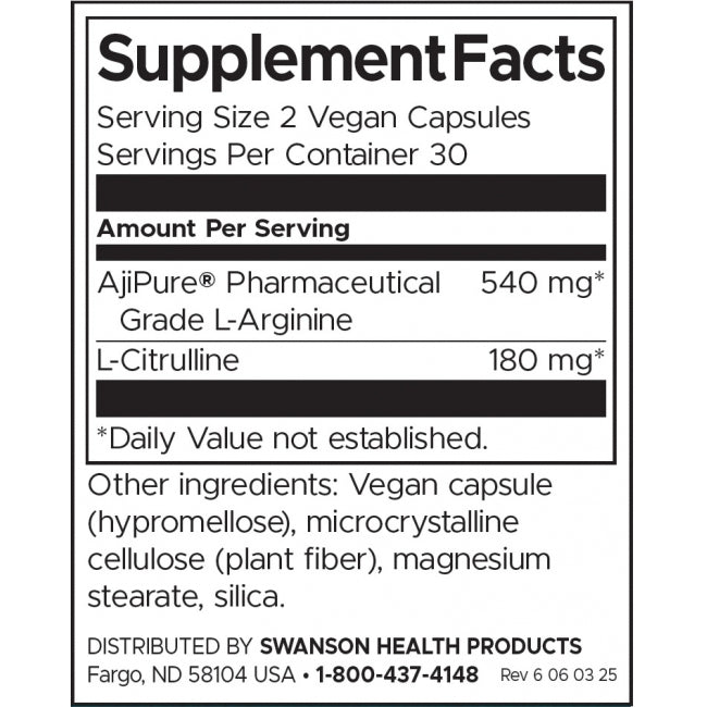 Swanson AjiPure L-Arginine With L-Citrulline Pharmaceutical Grade Cardiovascular Health 60 Vegan Capsules - Feel You