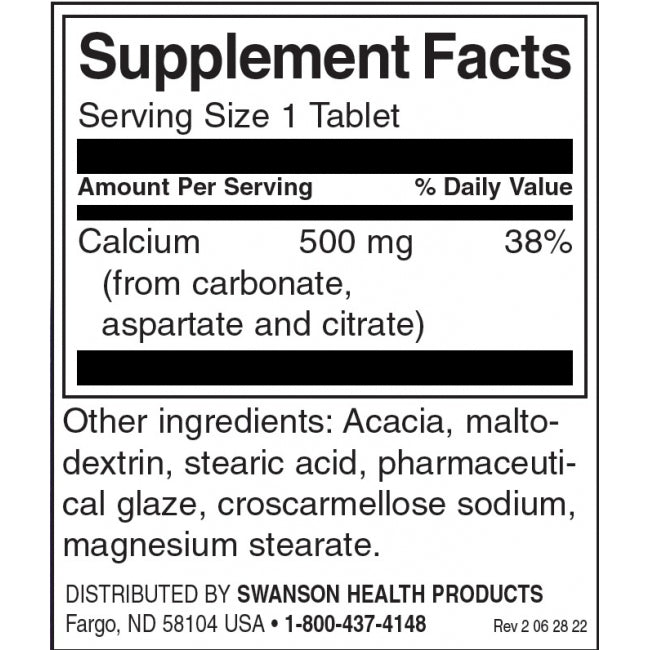 Swanson Calcium Carbonate Aspartate and Citrate Tablets 500 Mg Each 100 Count Supports Bone Health - Feel You