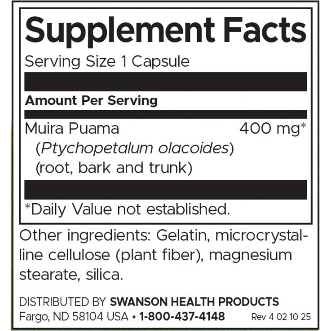 Swanson Full Spectrum Muira Puama 400 Mg Per Capsule Herbal Supplement 90 Capsules - Feel You