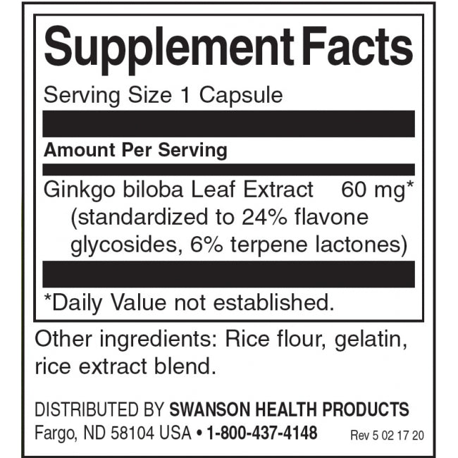 Swanson Ginkgo Biloba Extract 60 Mg Per Capsule Standardized 120 Vegan Capsules Cognitive Health - Feel You