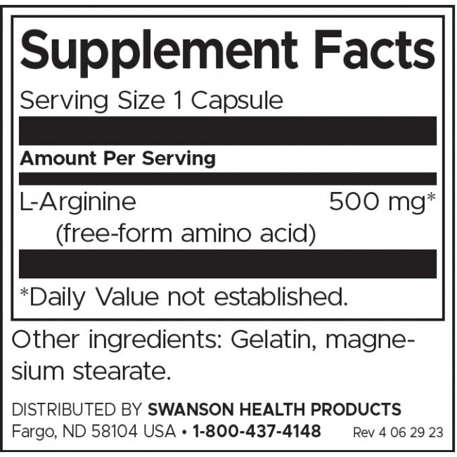 Swanson L-Arginine 500 mg Per Capsule Dietary Supplement 200 Capsules for Energy and Cardiovascular Support - Feel You