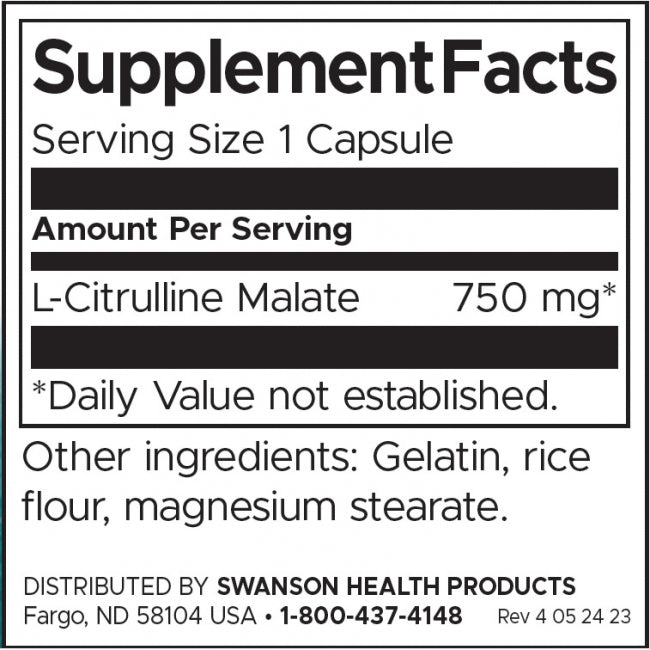 Swanson L-Citrulline Malate 750 mg Per Capsule Dietary Supplement 60 Capsules Supports Cardiovascular Health and Energy - Feel You