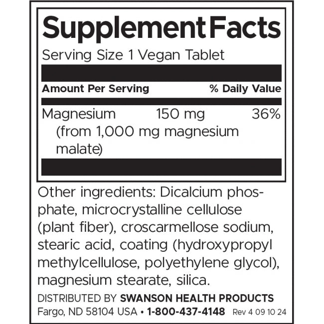 Swanson Magnesium Malate 1000 mg Per Tablet Muscle And Bone Health Mineral Supplement 60 Vegan Tablets - Feel You