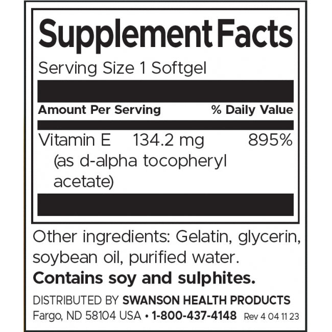 Swanson Natural E200 Vitamin E Softgels 200 IU Antioxidant Support 100 Softgels - Feel You
