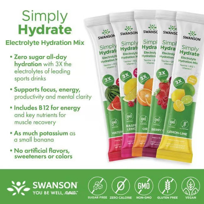 Swanson Simply Hydrate Electrolyte Hydration Mix Variety Pack 30 Stick Packs Assorted Flavors - Feel You