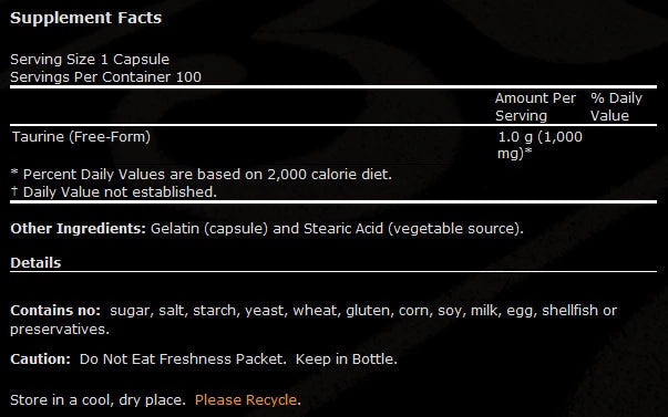 Taurine 1000 mg / Double Strength - 100 капсули - Feel You