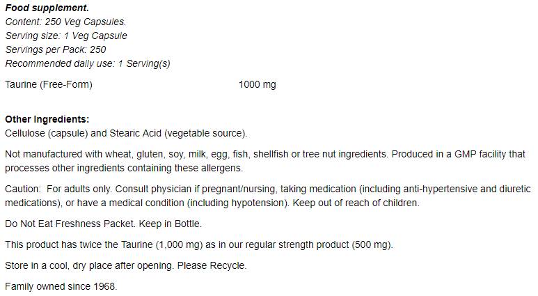 Taurine 1000 mg / Double Strength - 250 капсули - Feel You