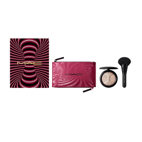 Trick Of The Light Extra Dimension Skinfinish Kit Set MAC: Textile Makeup Bag, Burgundy + MAC, Multi Face Brush, 143S + Extra Dimension Skinfinish, Highlighter Powder, Magnetic Attraction, 9 g - Feel You