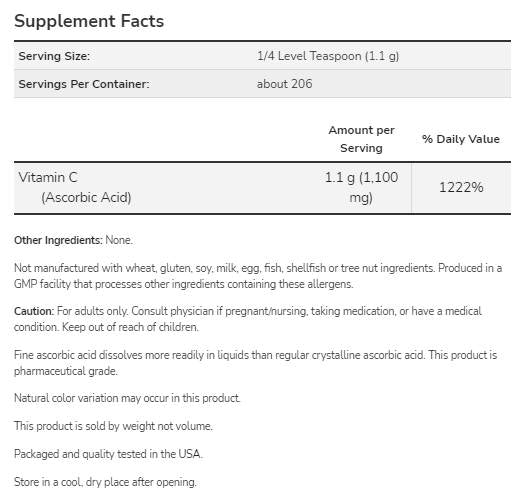 Vitamin C | Ascorbic Acid - Pharmaceutical Grade - 454 грама - Feel You