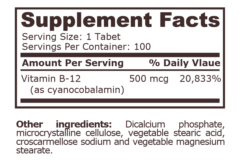 VITAMIN B-12 CYANOCOBALAMIN 500 mcg - 100 Tablets