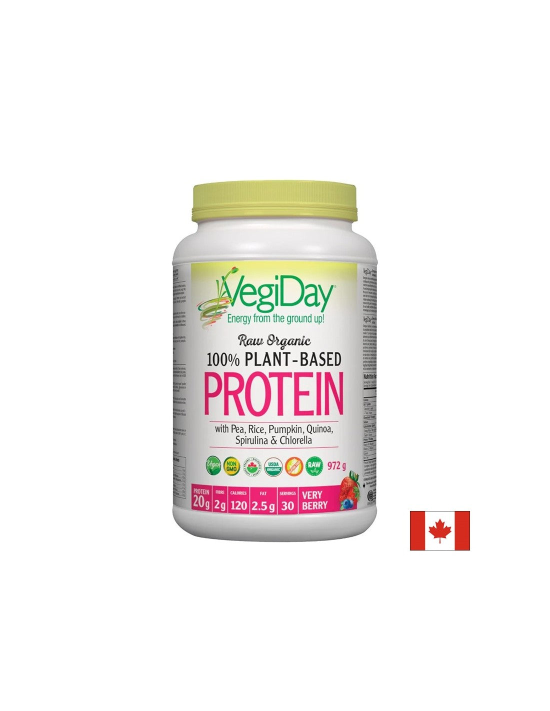 Растителен протеин VegiDay от 100% органичен грах, ориз и семена, 936 g, 30 дози, с вкус на горски плодове - Feel You