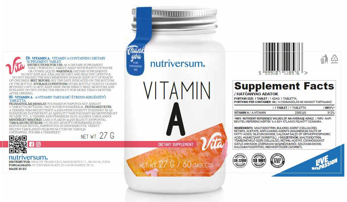 Vitamin A 2500 mcg - 30 Таблетки - Feel You