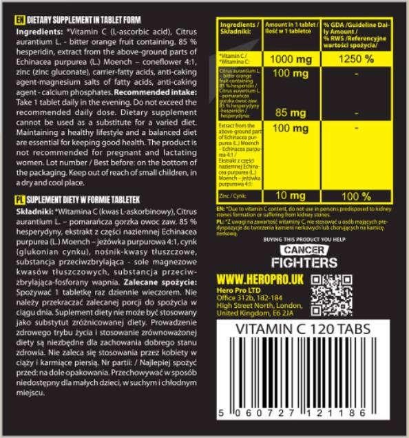 Vitamin C 1000 mg + Bioflavonoids | with Echinacea + Zinc - 120 Таблетки - Feel You