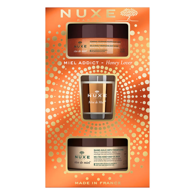 Xmas 2022 Set Nuxe: Reve de Miel Deliciously, Vegan, Calming, Body Scrub, 175 ml + Reve de Miel, Honey, Body Balm, All Over The Body, 200 ml + Reve de Miel, Scented Candle, 70 g - Feel You