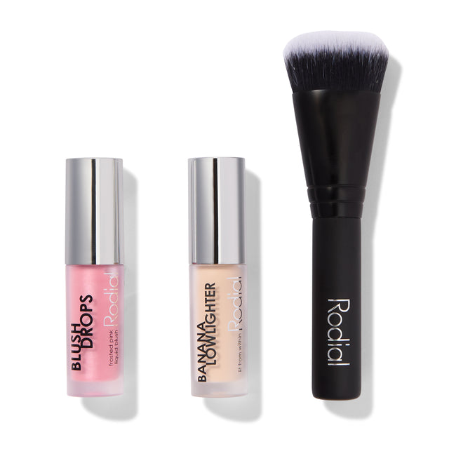 Xmas 2024 Set Rodial: Blush Drops, Radiant Finish, Liquid Blush, Frosted Pink, 15 ml + Banana Lowlighter, Illuminating, Liquid Highlighter, For Face, 1.6 ml + The Buffing, Mini, Foundation Brush, No. 10 - Feel You