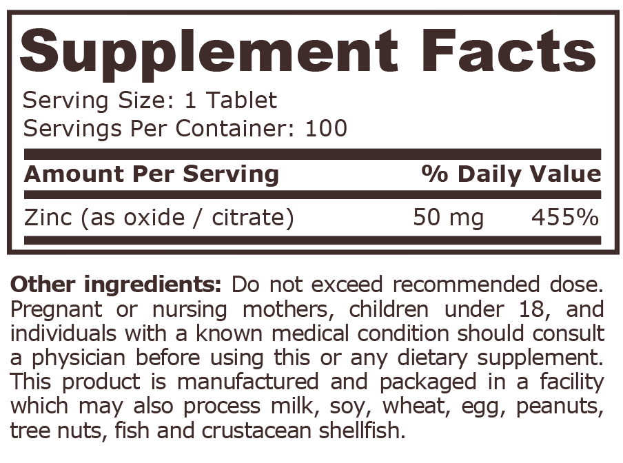 ZINC COMPLEX 50 mg - 100 Tablets