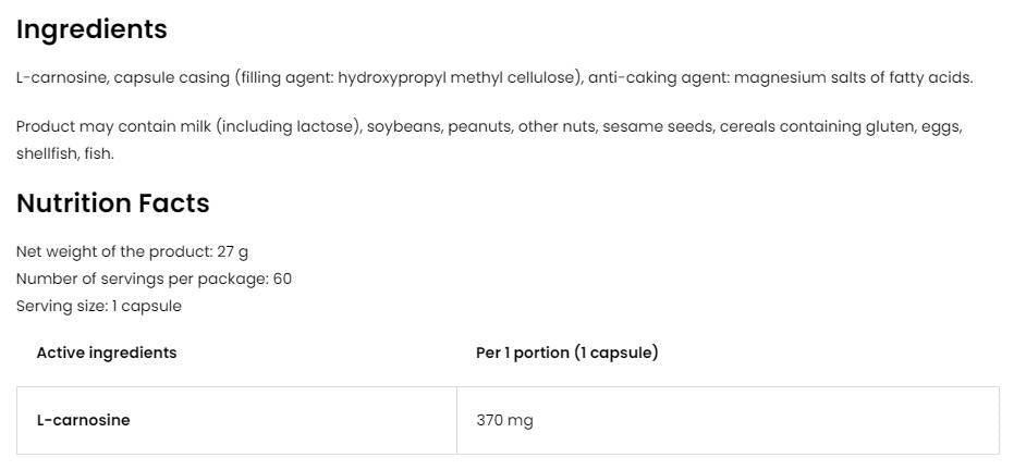 L-Carnosine 370 mg 60 капсули - Feel You