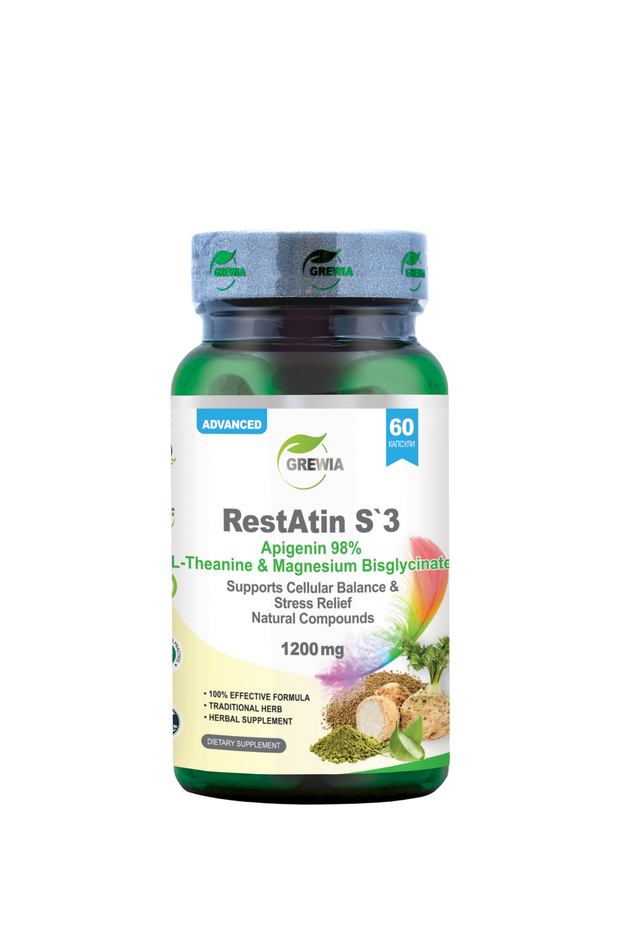 RestAtin S’3 Апигенин 98%, L-Theanine, Магнезиев Бисглицинат – 1200 mg, 60 Caps.