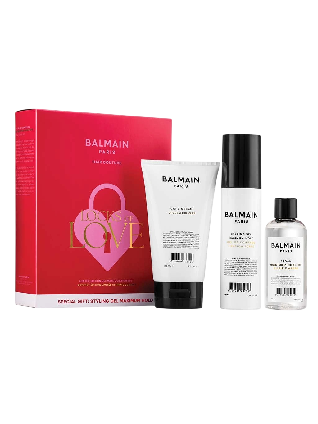 Locks of Love Set Balmain Professionnel: Balmain Professionnel, Hair Styling Cream, Light Hold, 150 ml + Balmain Professionnel, Panthenol, Hair Styling Gel, For Styling, Strong Hold, 100 ml + Argan Moisturising Elixir, Hair Oil, For Nourishing, 100 ml - Feel You