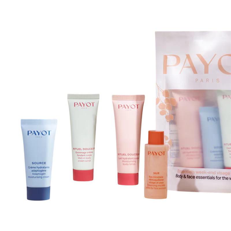 Discovery Kit Set Payot: Rituel Douceur, Eliminates Impurities, Exfoliating Cream, 20 ml + Source Adaptogen, Natural Ingredients, Hydrating 48H, Morning & Evening, Cream, For Face, 15 ml + Rituel Douceur, Hydrates, Body Lotion, Body, 25 ml + Nue, Clean... - Feel You