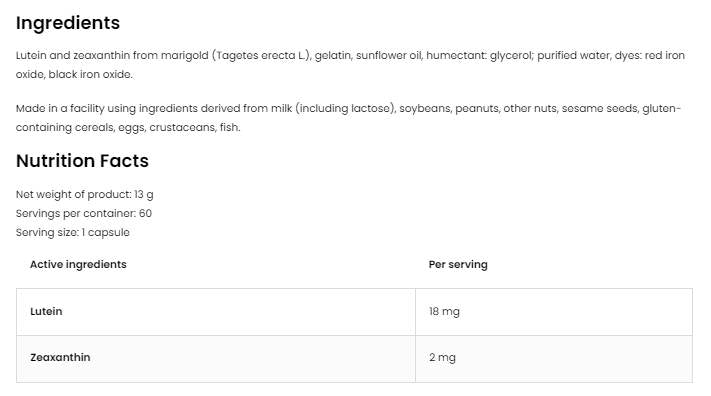 Lutein 18 mg + Zeaxanthin 2 mg 60 капсули - Feel You