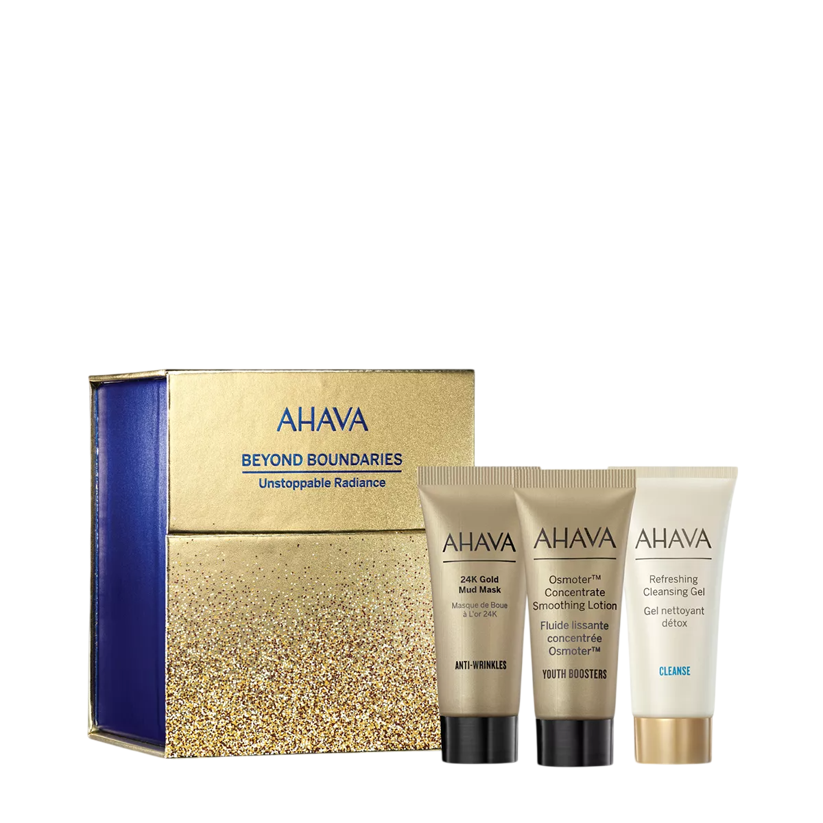 Unstoppable Radiance Set Ahava: Osmoter Concetrate, Smoothing, Lotion, For Face, 15 ml + Refresing, Eliminates Impurities, Cleansing Gel, For Face, 15 ml + 24K Gold Mineral, Anti-Wrinkle, Mud Mask, For Face, 15 ml + Ahava, GWP Textile Pouch - Feel You