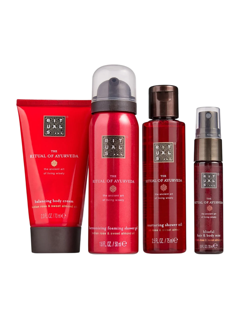 Set Rituals: The Ritual Of Ayurveda, Shower Mousse, 50 ml + The Ritual Of Ayurveda, Nurture, Shower Oil, For Dry Skin, 75 ml + The Ritual Of Ayurveda, Hair Scented Mist, For Women, 20 ml + The Ritual Of Ayurveda, Balancing, Body Cream, 70 ml - Feel You