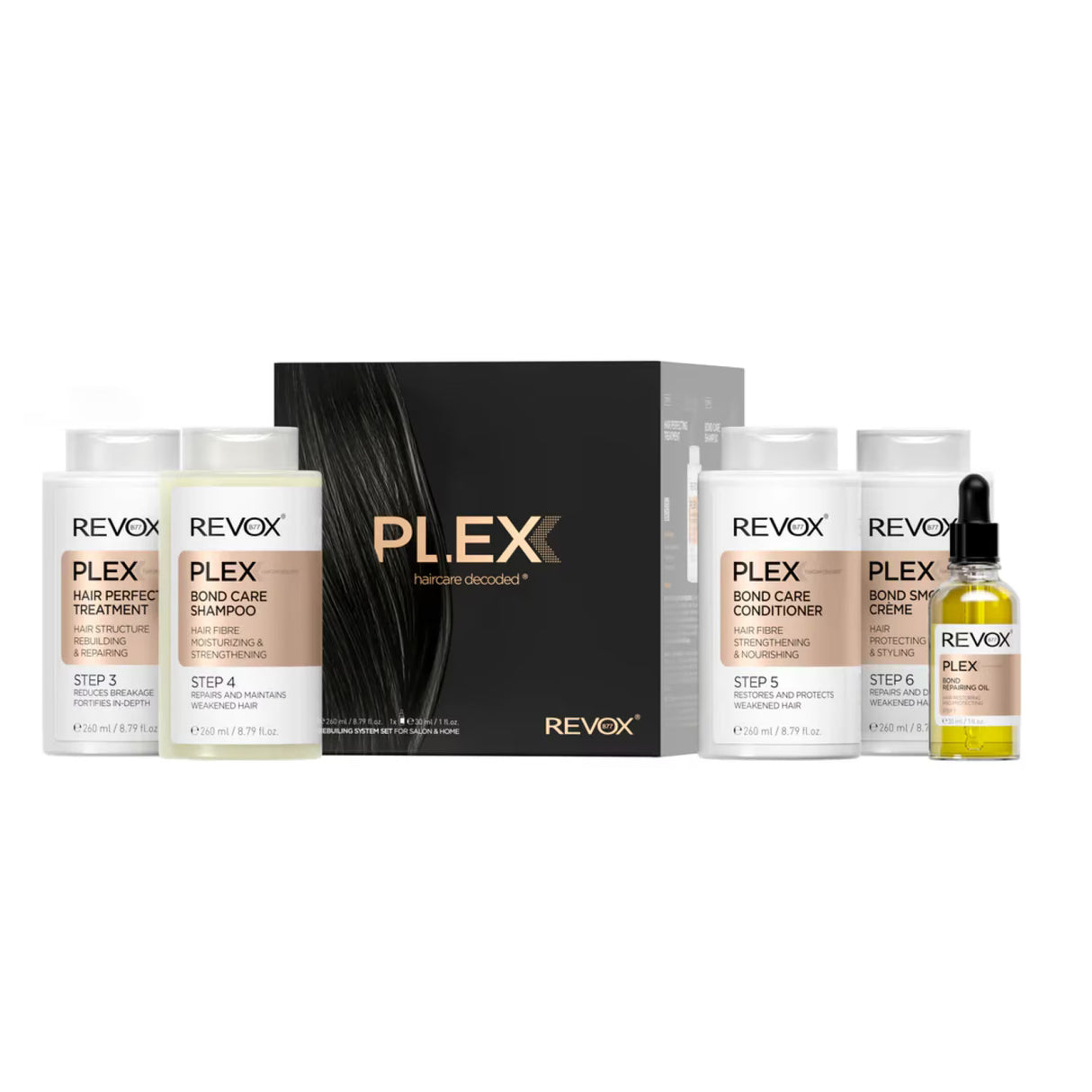Set Revox B77: Plex Bond Step 3, Hair Cream Treatment, Anti-Breakage, 260 ml + Plex Bond Step 4, Hair Shampoo, For Strengthening, 260 ml + Plex Bond Step 5, Hair Conditioner, Restores, 260 ml + Plex Bond Step 6, Hair Cream Treatment, Repairing, 260 ml ... - Feel You