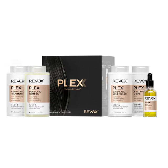 Set Revox B77: Plex Bond Step 3, Hair Cream Treatment, Anti-Breakage, 260 ml + Plex Bond Step 4, Hair Shampoo, For Strengthening, 260 ml + Plex Bond Step 5, Hair Conditioner, Restores, 260 ml + Plex Bond Step 6, Hair Cream Treatment, Repairing, 260 ml ... - Feel You